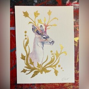 Original Watercolor Deer painting Art Gold accents nature buck wildlife artwork